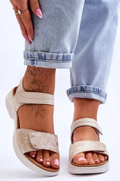 Damskie Evento Damskie Sandały Comfort Shoe Na Rzep Beżowo-Złote Grace