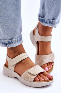 Damskie Evento Damskie Sandały Comfort Shoe Na Rzep Beżowo-Złote Grace