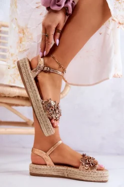 Sale Boto Damskie Sandały Espadryle Z Kwiatami Różowe Złoto Marlon