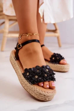 Damskie Boto Damskie Sandały Espadryle Z Kwiatami Czarne Marlon