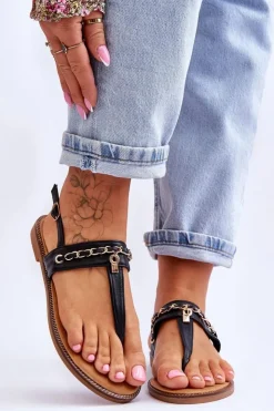 Boto Sandały Płaskie*Damskie Sandały Japonki Z Łańcuszkiem Czarne Jessica