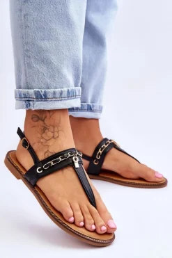 Boto Sandały Płaskie*Damskie Sandały Japonki Z Łańcuszkiem Czarne Jessica