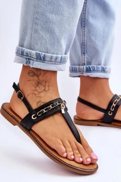 Boto Sandały Płaskie*Damskie Sandały Japonki Z Łańcuszkiem Czarne Jessica