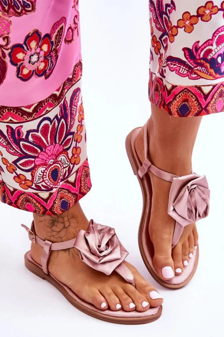 Best Boto Damskie Sandały Japonki Z Materiałową Różą Nude Carisma Różowy