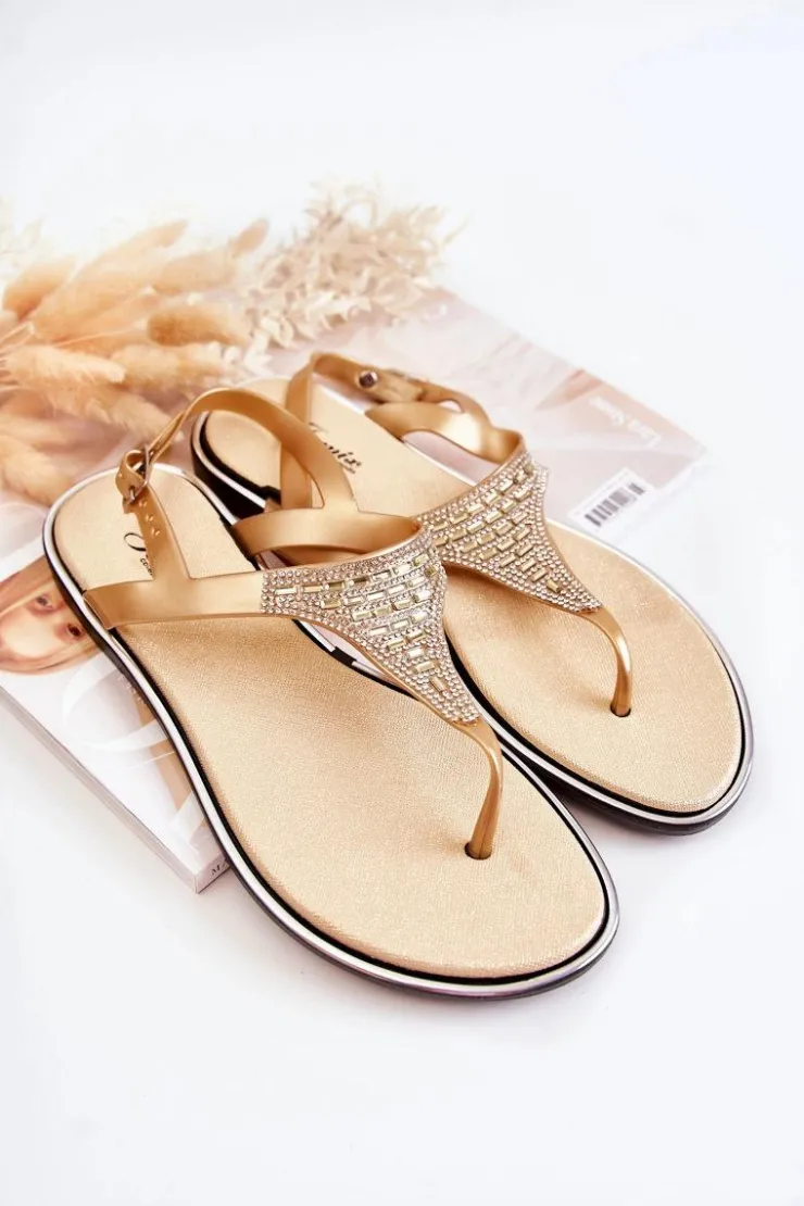 Boto Sandały Płaskie*Damskie Sandały Japonki Z Ozdobami Złote Atlanta