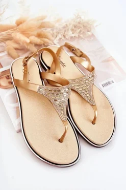 Boto Sandały Płaskie*Damskie Sandały Japonki Z Ozdobami Złote Atlanta