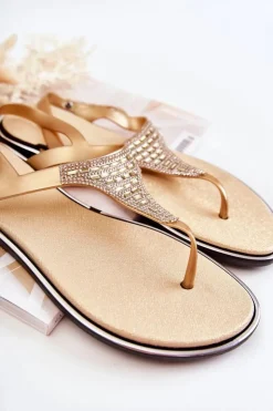 Boto Sandały Płaskie*Damskie Sandały Japonki Z Ozdobami Złote Atlanta