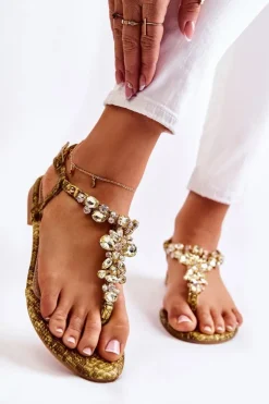 Boto Sandały Płaskie*Damskie Sandały Japonki Z Cyrkoniami Żółte Ivanne