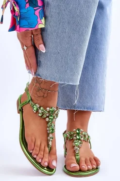 Damskie Boto Damskie Sandały Japonki Z Kamieniami Zielone Lenisa