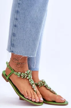 Damskie Boto Damskie Sandały Japonki Z Kamieniami Zielone Lenisa