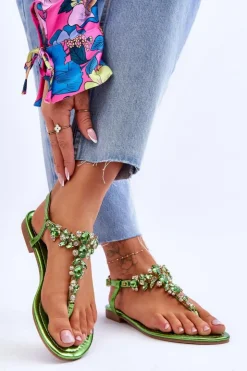 Damskie Boto Damskie Sandały Japonki Z Kamieniami Zielone Lenisa