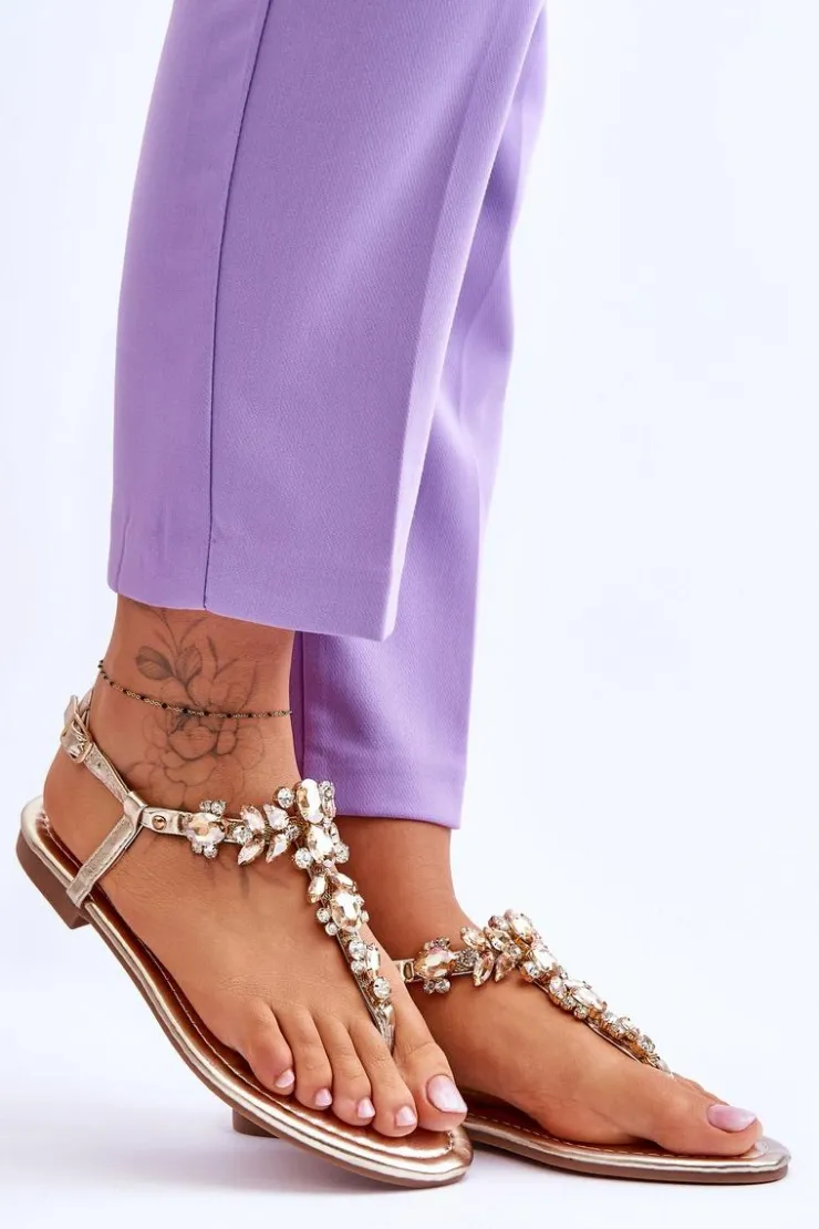 Boto Sandały Płaskie*Damskie Sandały Japonki Z Kamieniami Złote Lenisa