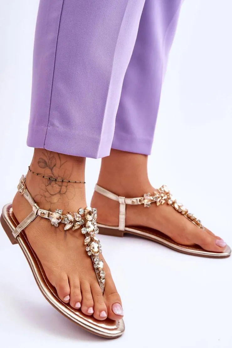 Boto Sandały Płaskie*Damskie Sandały Japonki Z Kamieniami Złote Lenisa