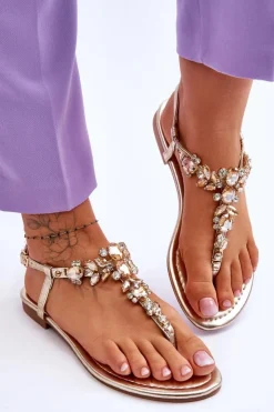 Boto Sandały Płaskie*Damskie Sandały Japonki Z Kamieniami Złote Lenisa