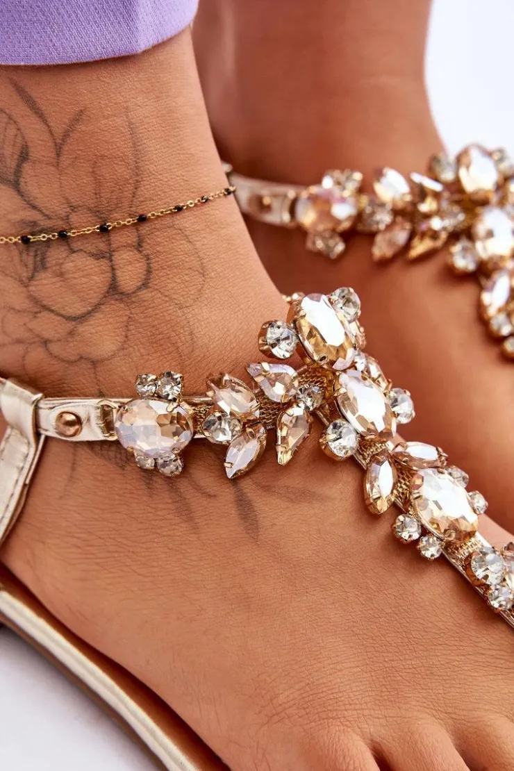 Boto Sandały Płaskie*Damskie Sandały Japonki Z Kamieniami Złote Lenisa