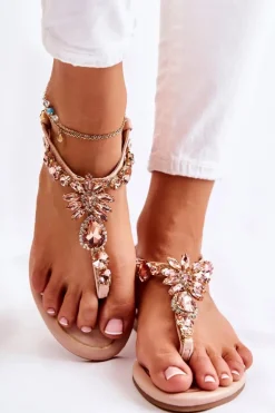 Damskie Boto Damskie Sandały Japonki Z Ozdobnymi Kryształami Różowe Selia