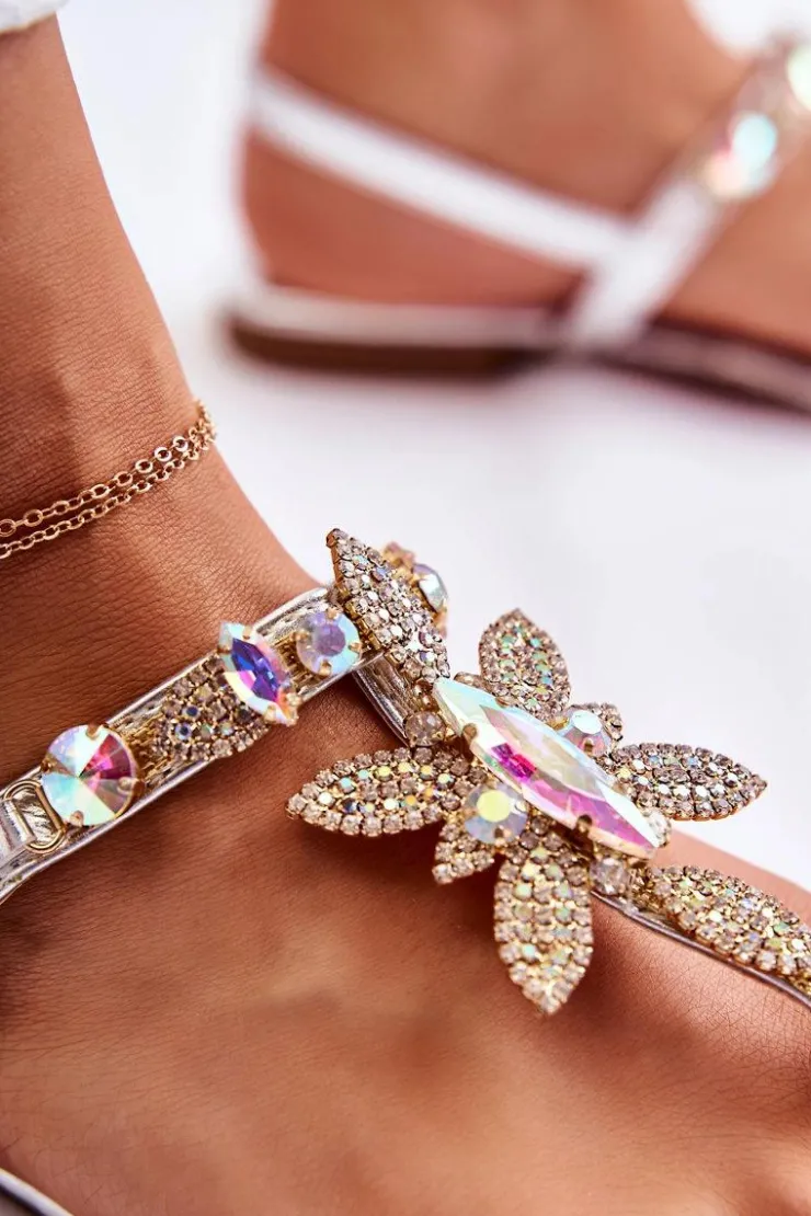 Boto Sandały Płaskie*Damskie Sandały Japonki Z Cyrkoniami Srebrne Fiorene