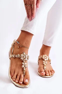 Boto Sandały Płaskie*Damskie Sandały Japonki Z Cyrkoniami Złote Solea