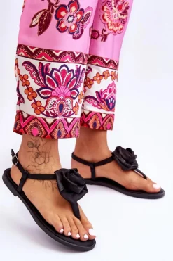 Damskie Boto Damskie Sandały Japonki Z Materiałową Różą Czarne Carisma