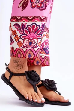 Damskie Boto Damskie Sandały Japonki Z Materiałową Różą Czarne Carisma