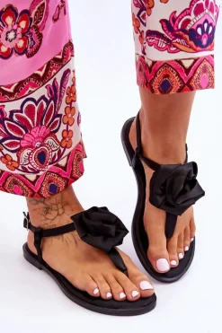 Damskie Boto Damskie Sandały Japonki Z Materiałową Różą Czarne Carisma