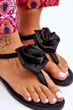 Damskie Boto Damskie Sandały Japonki Z Materiałową Różą Czarne Carisma