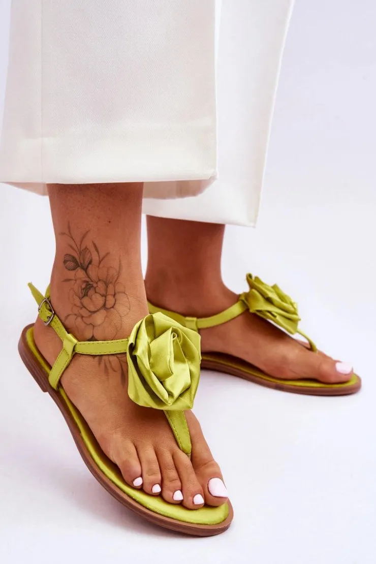 Boto Sandały Płaskie*Damskie Sandały Japonki Z Materiałową Różą Limonkowe Carisma