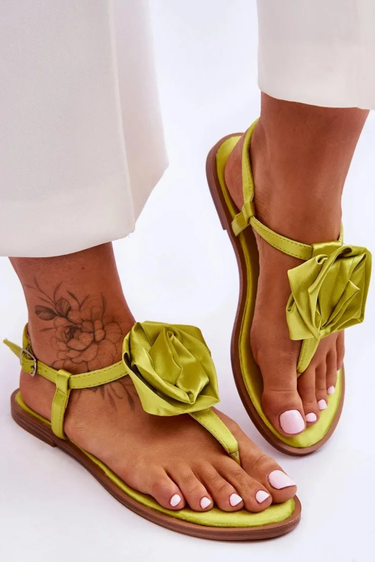 Boto Sandały Płaskie*Damskie Sandały Japonki Z Materiałową Różą Limonkowe Carisma