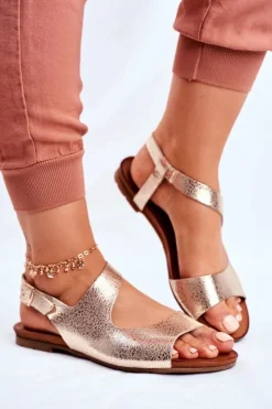 Laura Messi Sandały Płaskie*Damskie Sandały Skórzane 1116 Snake Złote Vollare