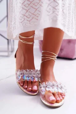 Boto Sandały Płaskie*Damskie Sandały Lu Boo Kryształy Różowe Madina