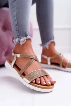 Boto Sandały Płaskie*Damskie Sandały Lu Boo Z Cyrkoniami 406-5 Złote Stella