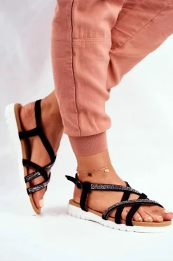 Damskie Boto Damskie Sandały Lu Boo Z Cyrkoniami 406-6 Czarne Feen