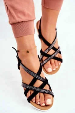 Damskie Boto Damskie Sandały Lu Boo Z Cyrkoniami 406-6 Czarne Feen