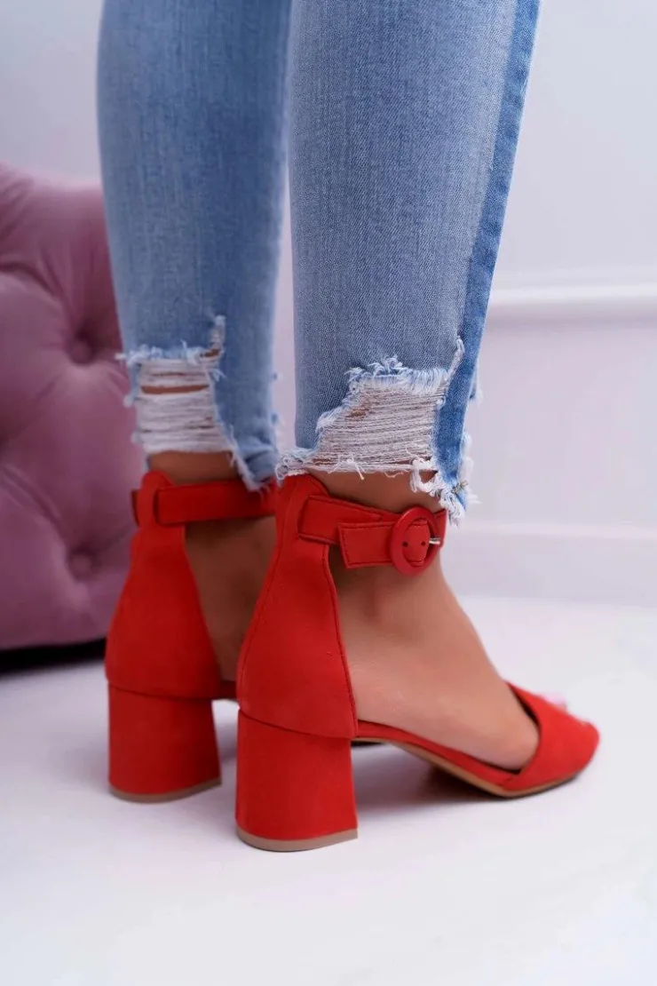 Maciejka Sandały Na Obcasie*Damskie Sandały Skórzane Zamszowe Czerwone 04141-08/00-5