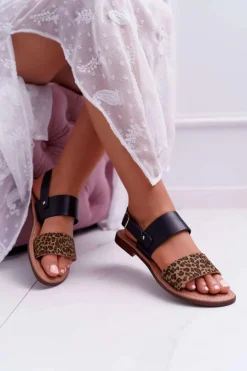 Damskie Maciejka Damskie Sandały Skórzane Panterka Czarne IT001-03