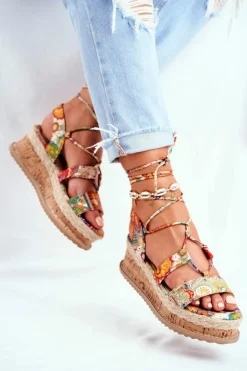 Outlet Boto Damskie Sandały Na Korkowej Platformie Wiązane Pomarańczowe My Way