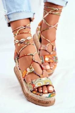 Outlet Boto Damskie Sandały Na Korkowej Platformie Wiązane Pomarańczowe My Way