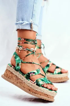 Damskie Boto Damskie Sandały Na Korkowej Platformie Wiązane Zielone My Way