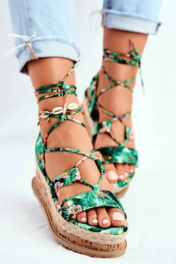 Damskie Boto Damskie Sandały Na Korkowej Platformie Wiązane Zielone My Way
