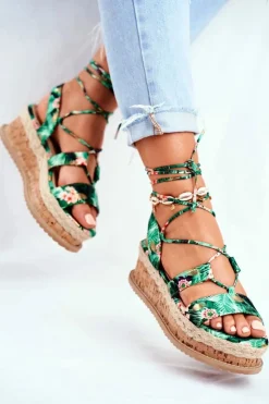 Damskie Boto Damskie Sandały Na Korkowej Platformie Wiązane Zielone My Way