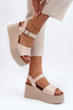 Online Boto Damskie Sandały Na Koturnie Beżowe Geferia