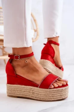 Boto Sandały Na Koturnie*Damskie Sandały Na Koturnie Z Cyrkoniami Czerwone Linette