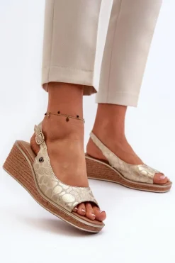 Damskie Buty Sergio Leone Damskie Sandały Na Koturnie Sergio Leone SK301 Złote