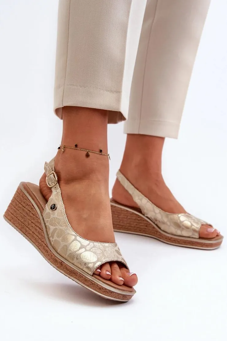 Damskie Buty Sergio Leone Damskie Sandały Na Koturnie Sergio Leone SK301 Złote