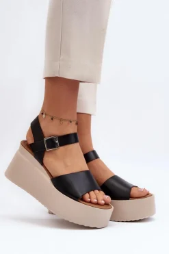 Damskie Boto Damskie Sandały Na Koturnie Czarne Geferia