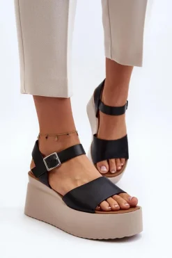 Damskie Boto Damskie Sandały Na Koturnie Czarne Geferia