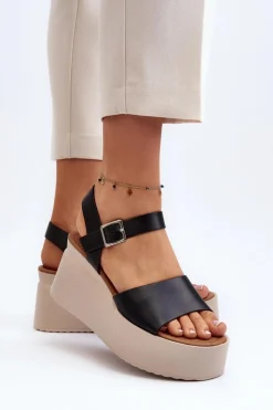 Damskie Boto Damskie Sandały Na Koturnie Czarne Geferia