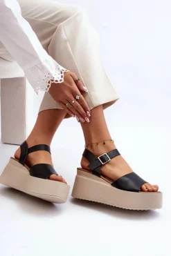 Damskie Boto Damskie Sandały Na Koturnie Czarne Geferia