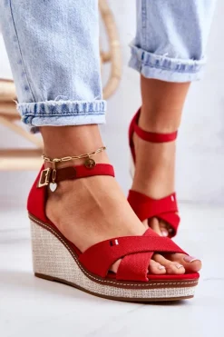 New Boto Damskie Sandały Na Koturnie Czerwone Veenus
