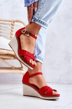 New Boto Damskie Sandały Na Koturnie Czerwone Veenus